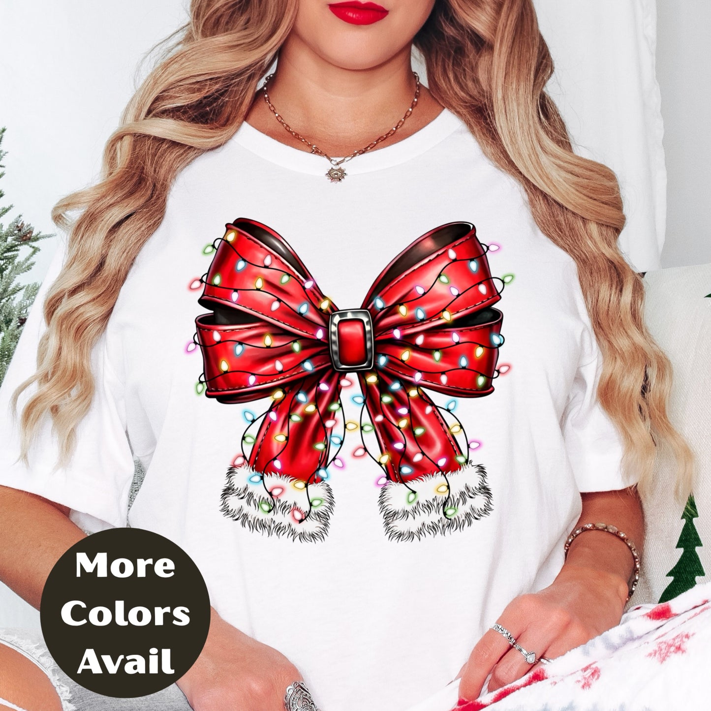 Red Christmas Bow Shirt or Sweatshirt – Holiday Lights Bow Top - Small-4XL and Plus Size – Multiple Colors
