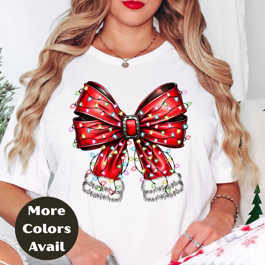 Red Christmas Bow Shirt or Sweatshirt – Holiday Lights Bow Top - Small-4XL and Plus Size – Multiple Colors