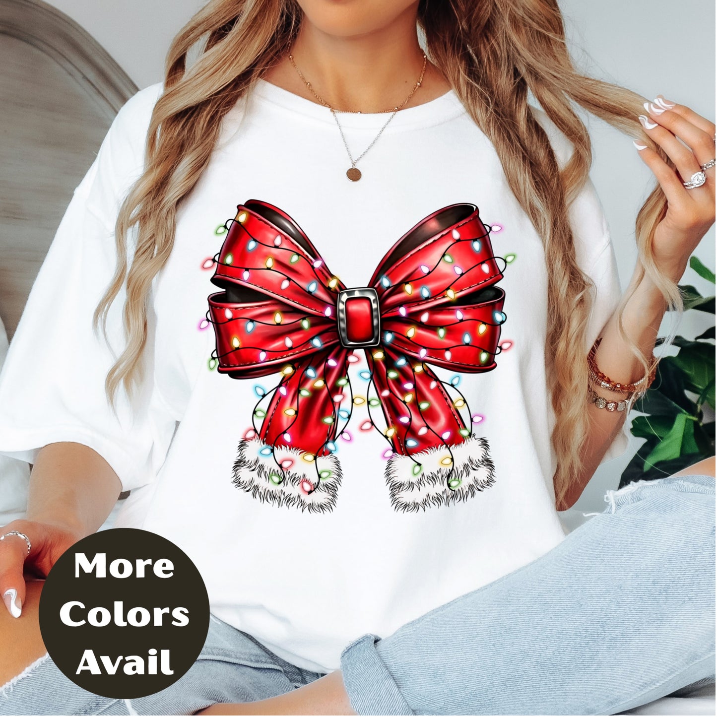 Red Christmas Bow Shirt or Sweatshirt – Holiday Lights Bow Top - Small-4XL and Plus Size – Multiple Colors