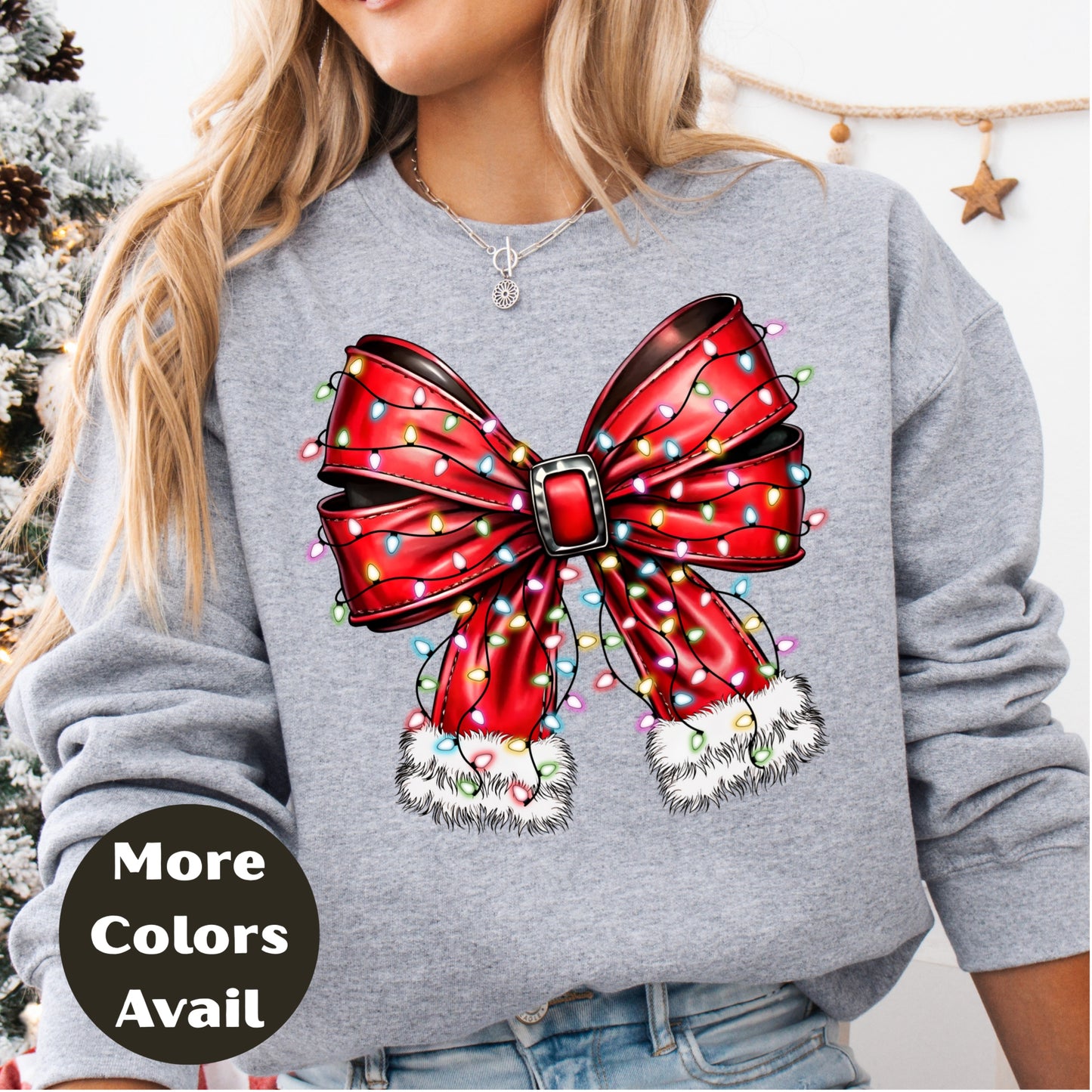 Red Christmas Bow Shirt or Sweatshirt – Holiday Lights Bow Top - Small-4XL and Plus Size – Multiple Colors