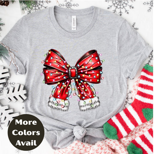 Red Christmas Bow Shirt or Sweatshirt – Holiday Lights Bow Top - Small-4XL and Plus Size – Multiple Colors
