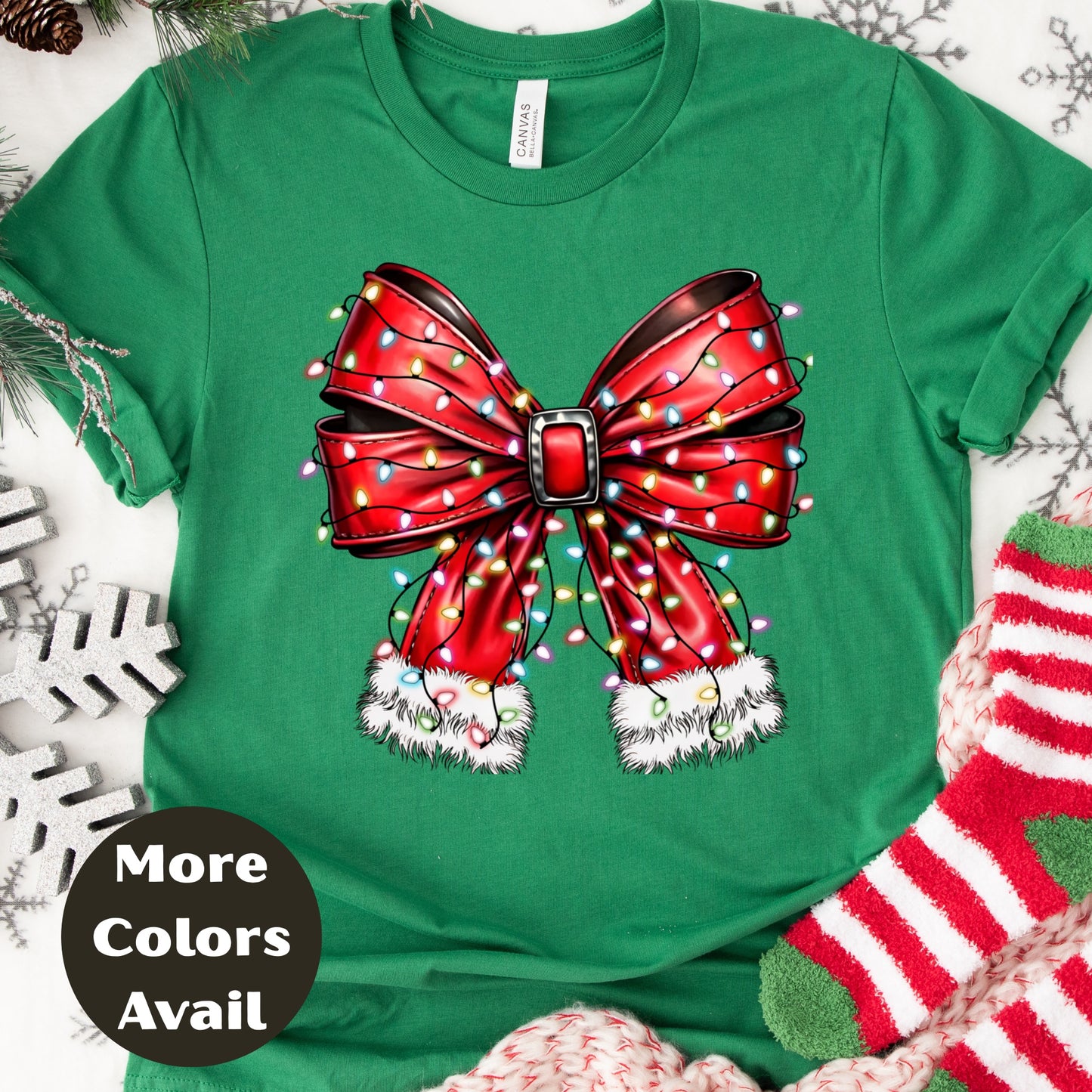 Red Christmas Bow Shirt or Sweatshirt – Holiday Lights Bow Top - Small-4XL and Plus Size – Multiple Colors