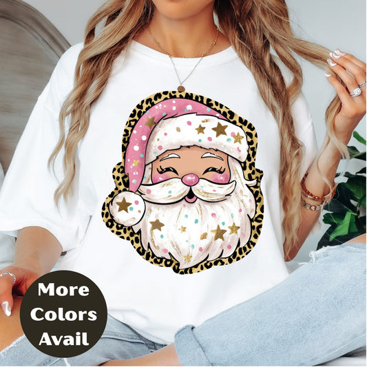 Pink Santa Shirt or Sweatshirt – Cute Santa Face with Leopard Border – Small-4XL and Plus Size – Multiple Colors