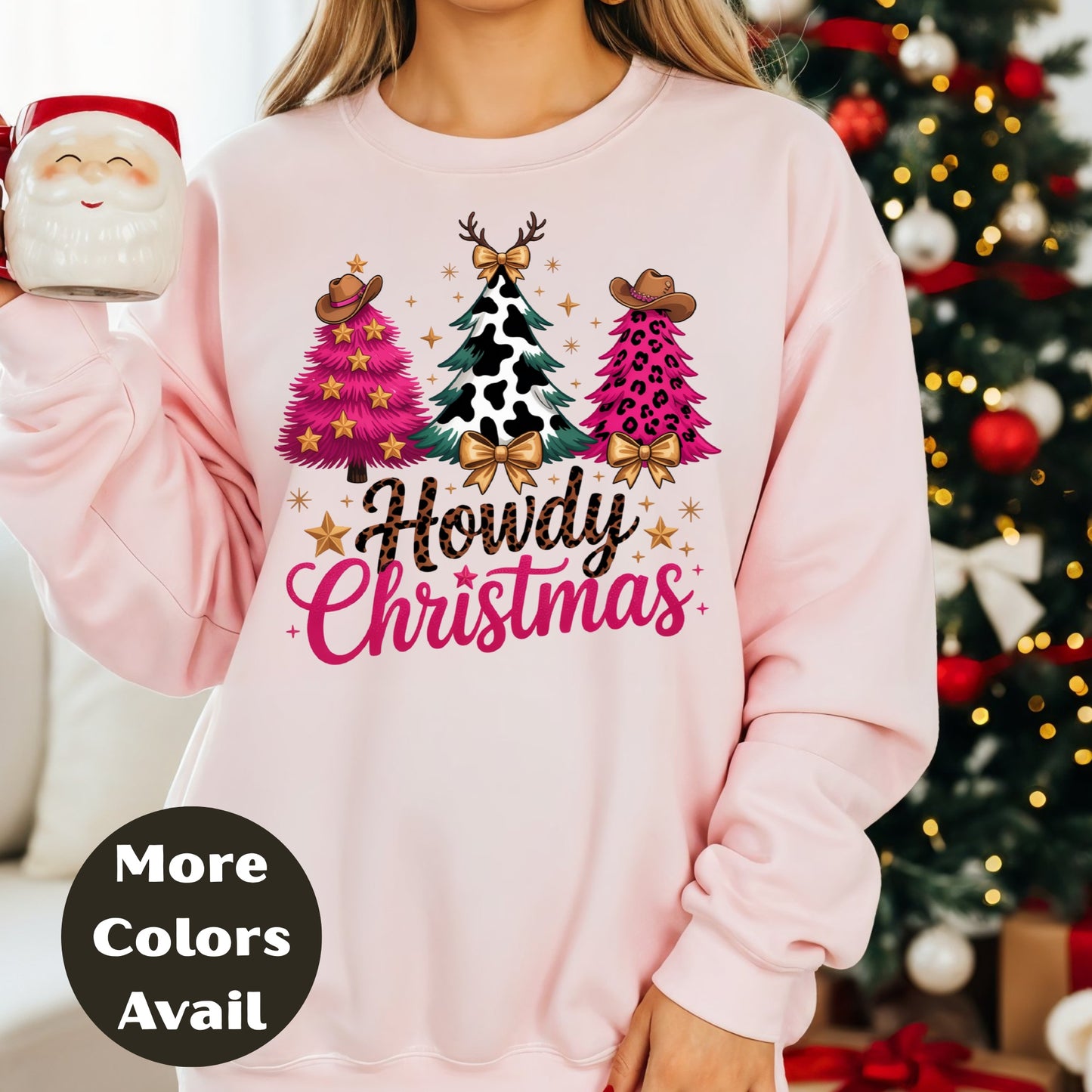 Howdy Christmas Shirt or Sweatshirt – Western Cowgirl Christmas Trees Top – Small-4XL Plus Size – Multiple Colors