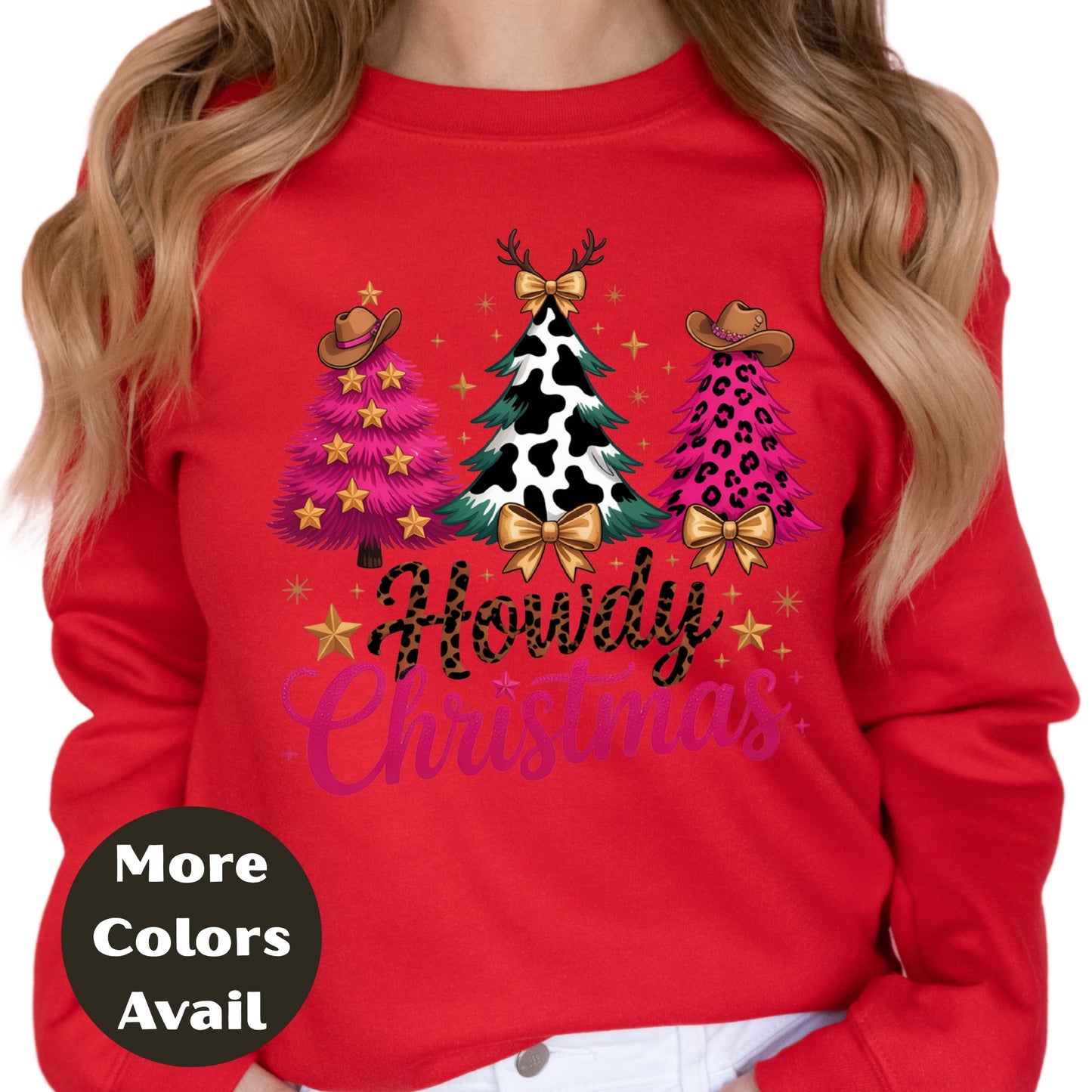 Howdy Christmas Shirt or Sweatshirt – Western Cowgirl Christmas Trees Top – Small-4XL Plus Size – Multiple Colors