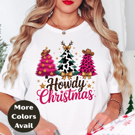 Howdy Christmas Shirt or Sweatshirt – Western Cowgirl Christmas Trees Top – Small-4XL Plus Size – Multiple Colors