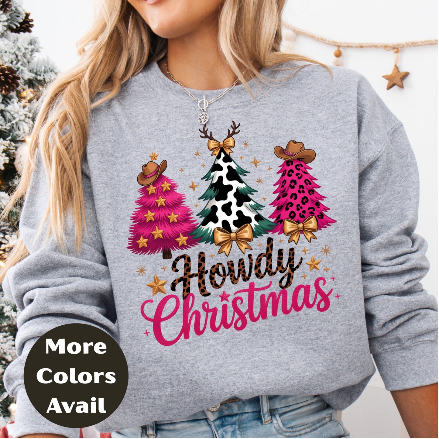 Howdy Christmas Shirt or Sweatshirt – Western Cowgirl Christmas Trees Top – Small-4XL Plus Size – Multiple Colors