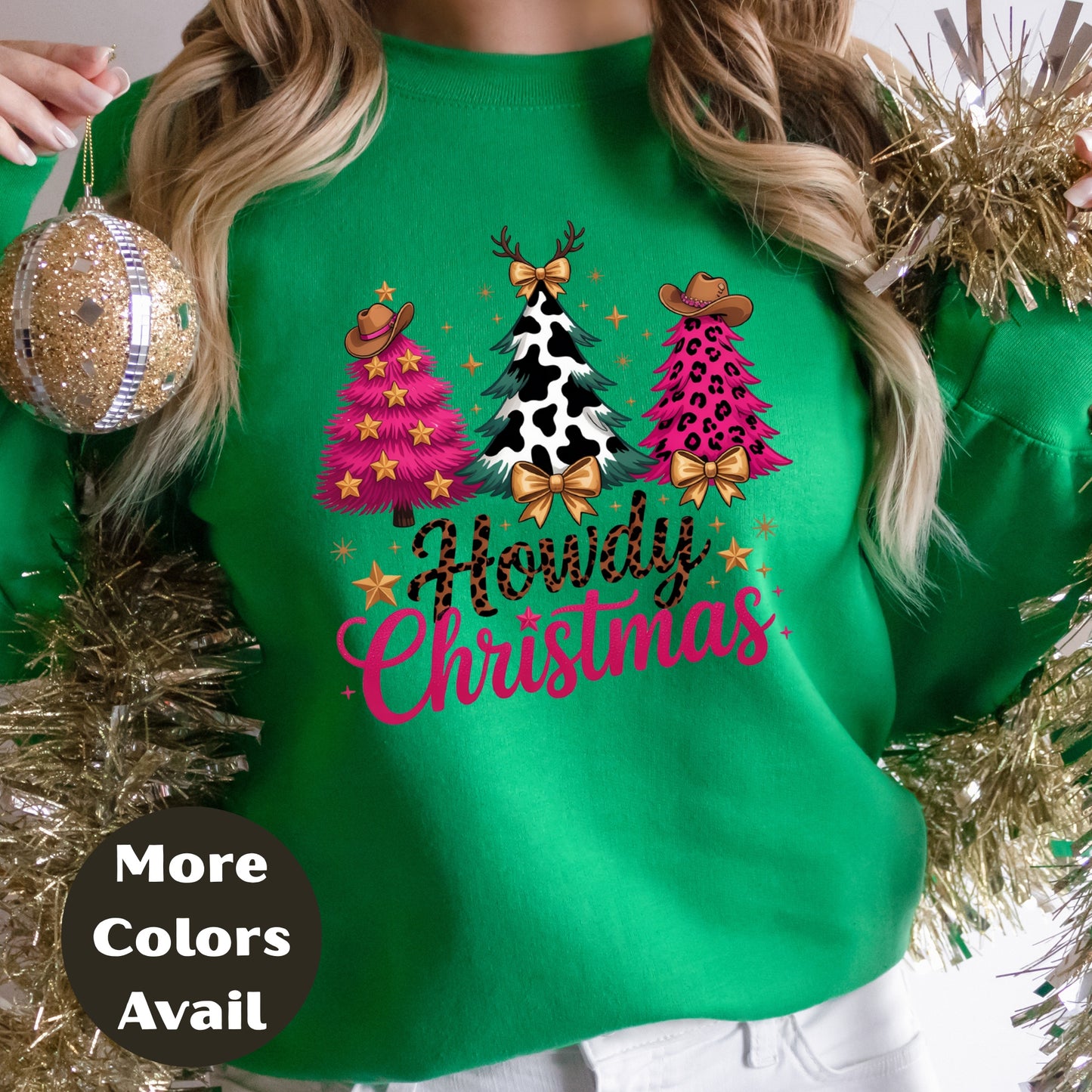 Howdy Christmas Shirt or Sweatshirt – Western Cowgirl Christmas Trees Top – Small-4XL Plus Size – Multiple Colors