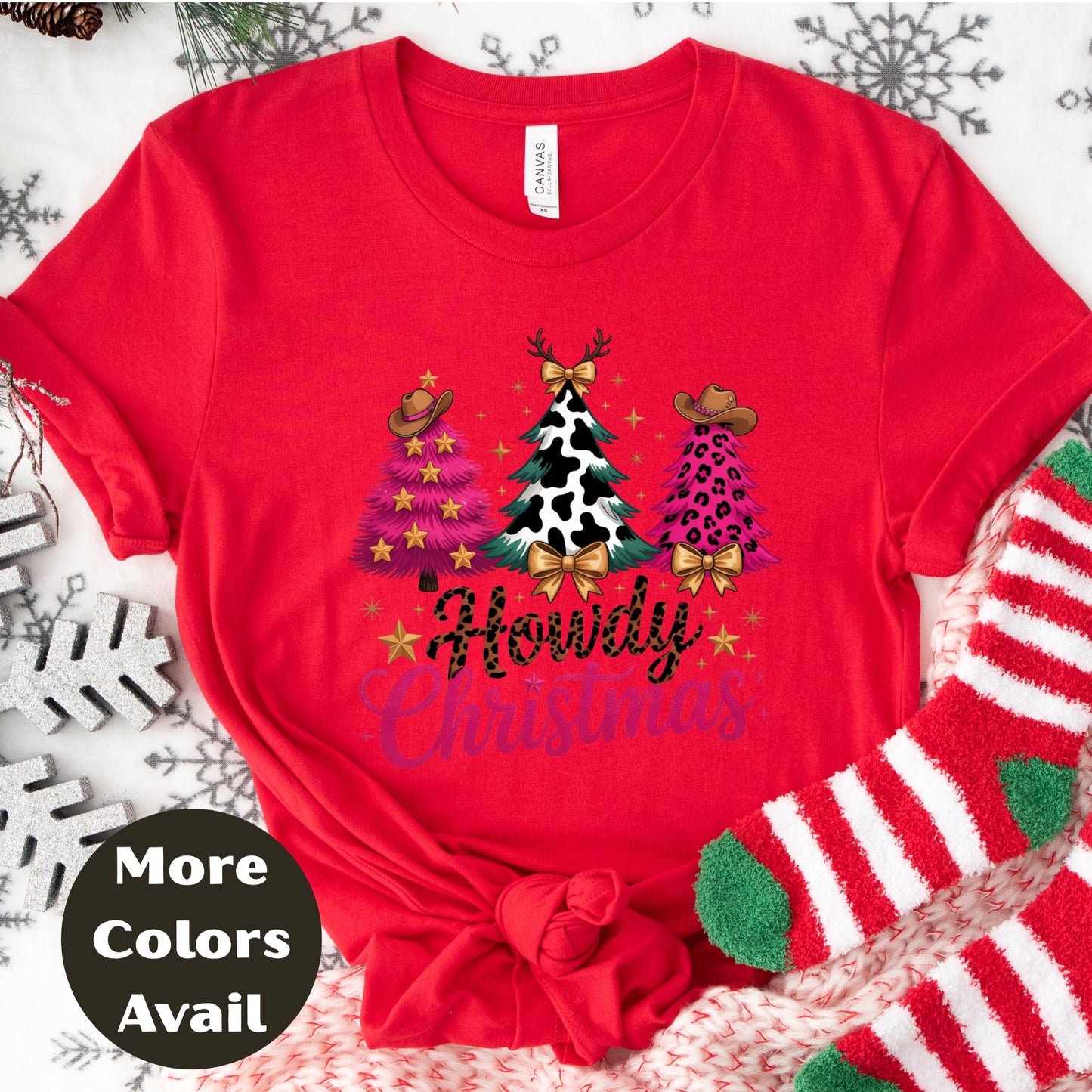 Howdy Christmas Shirt or Sweatshirt – Western Cowgirl Christmas Trees Top – Small-4XL Plus Size – Multiple Colors