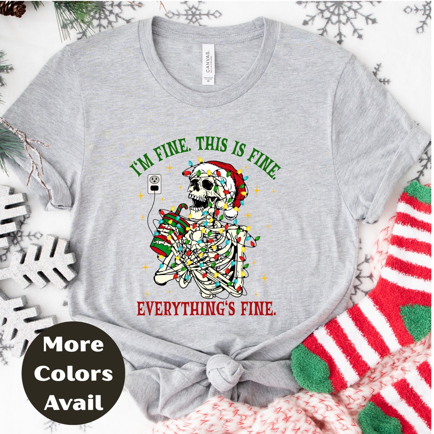 I'm Fine This Is Fine Everything's Fine Skeleton Christmas Shirt or Sweatshirt – Funny Holiday Coffee Graphic Tee – S-4XL Plus Size – Multiple Colors