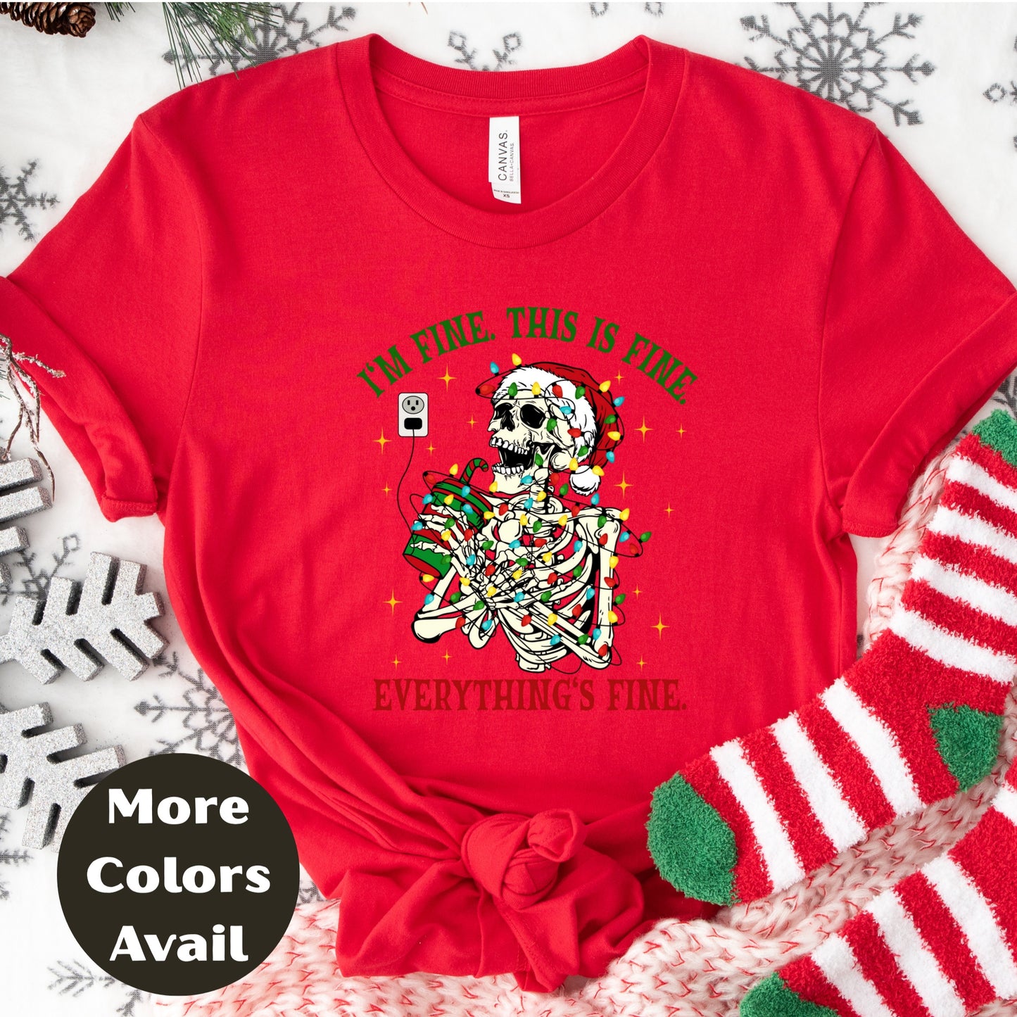 I'm Fine This Is Fine Everything's Fine Skeleton Christmas Shirt or Sweatshirt – Funny Holiday Coffee Graphic Tee – S-4XL Plus Size – Multiple Colors