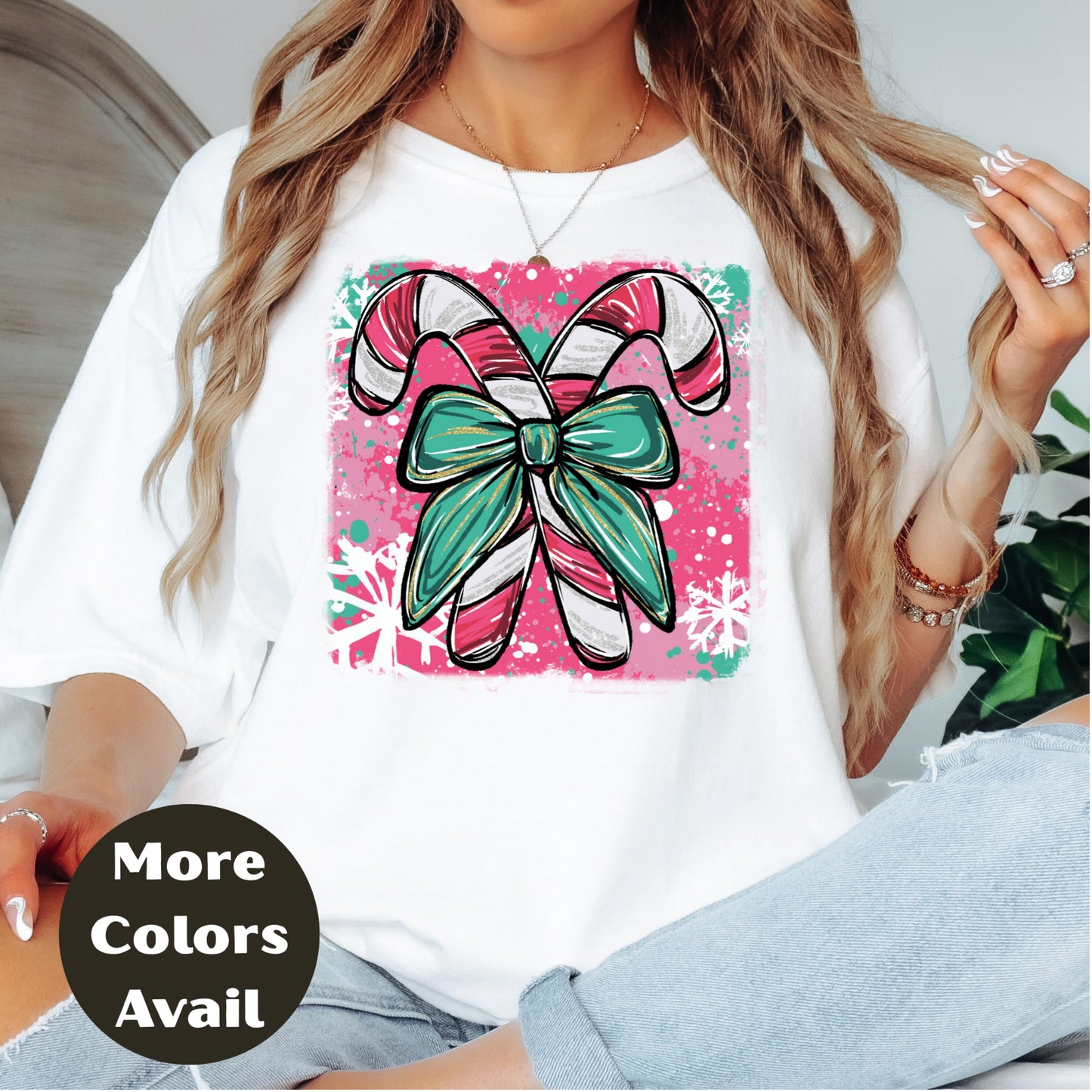 Candy Cane Bow Christmas Shirt or Sweatshirt – Small-4XL and Plus Size – Multiple Colors