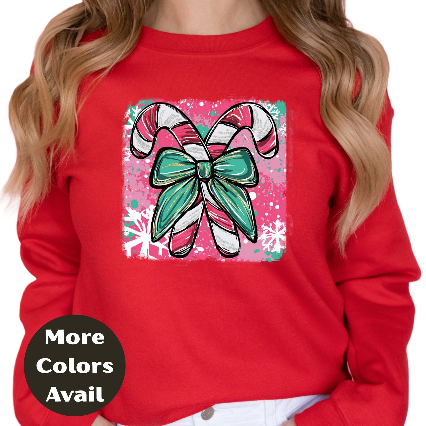 Candy Cane Bow Christmas Shirt or Sweatshirt – Small-4XL and Plus Size – Multiple Colors