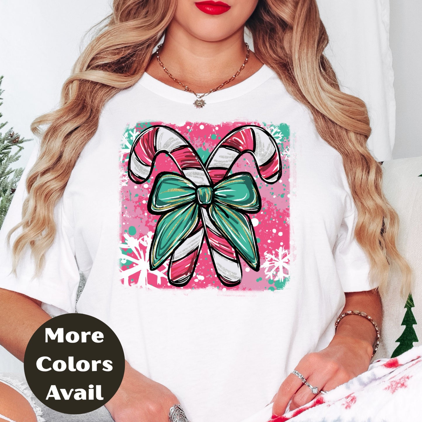 Candy Cane Bow Christmas Shirt or Sweatshirt – Small-4XL and Plus Size – Multiple Colors