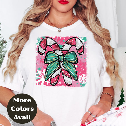 Candy Cane Bow Christmas Shirt or Sweatshirt – Small-4XL and Plus Size – Multiple Colors