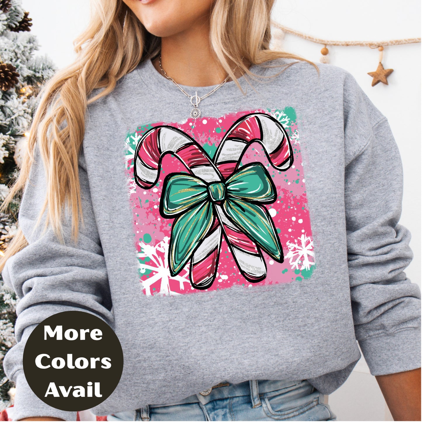 Candy Cane Bow Christmas Shirt or Sweatshirt – Small-4XL and Plus Size – Multiple Colors