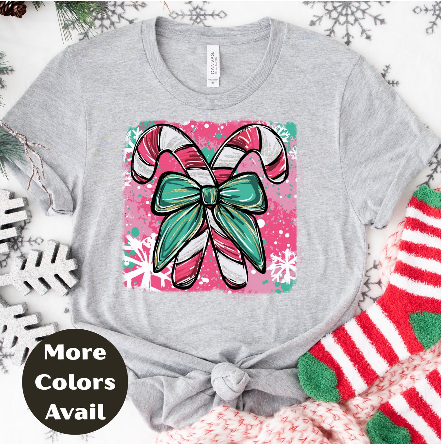 Candy Cane Bow Christmas Shirt or Sweatshirt – Small-4XL and Plus Size – Multiple Colors