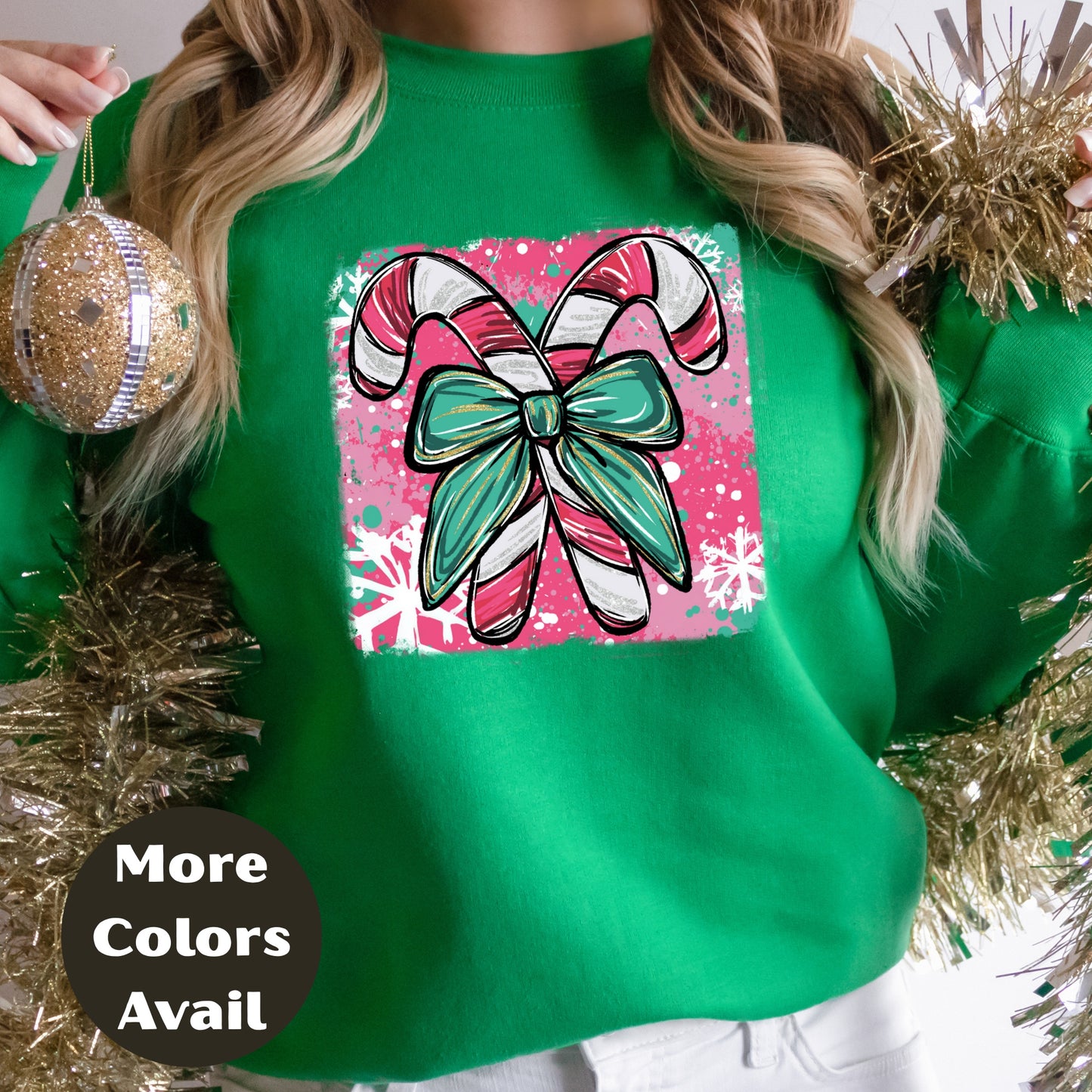 Candy Cane Bow Christmas Shirt or Sweatshirt – Small-4XL and Plus Size – Multiple Colors
