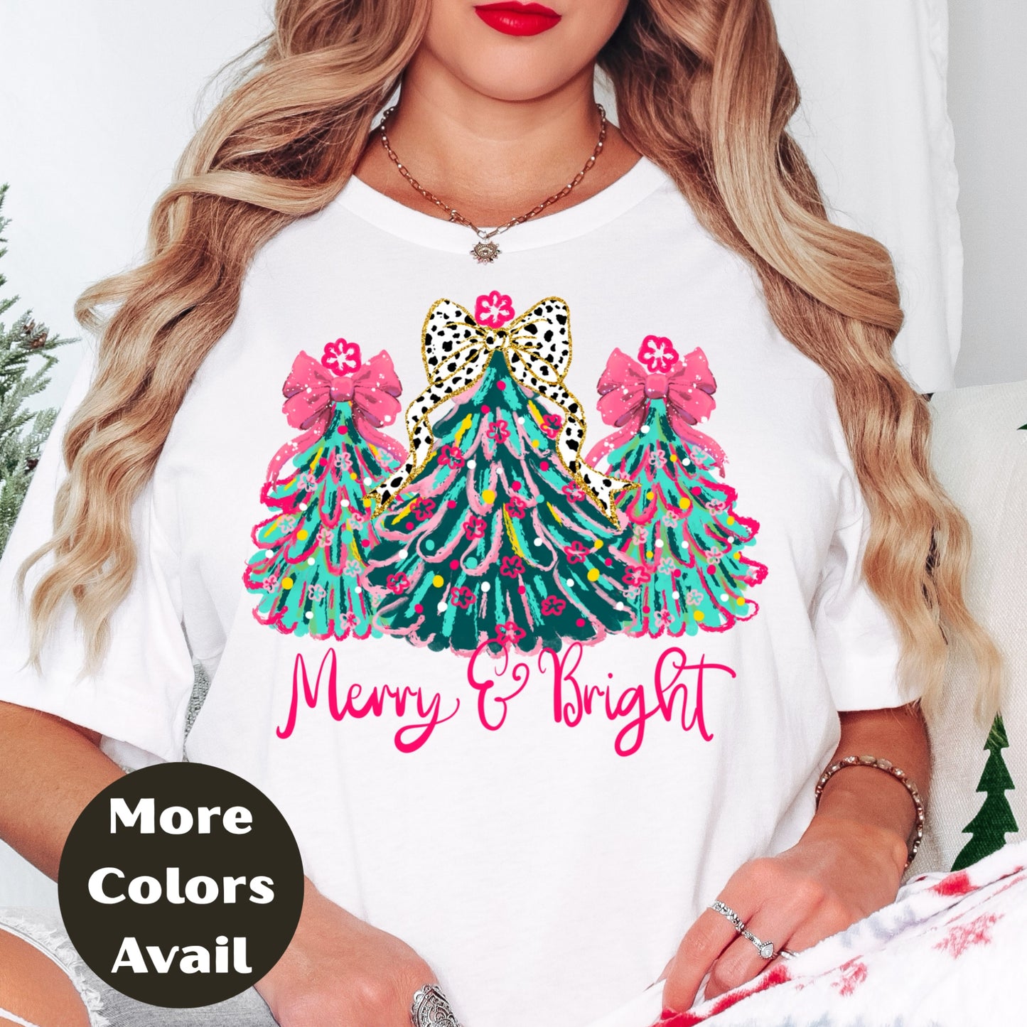 Merry & Bright Christmas Shirt or Sweatshirt – Pink Bow Christmas Trees Tee – Festive Holiday Top – S-4XL Plus Size – Multiple Colors