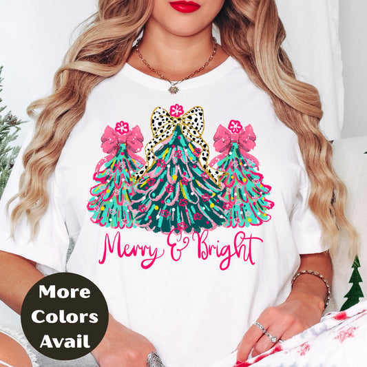Merry & Bright Christmas Shirt or Sweatshirt – Pink Bow Christmas Trees Tee – Festive Holiday Top – S-4XL Plus Size – Multiple Colors