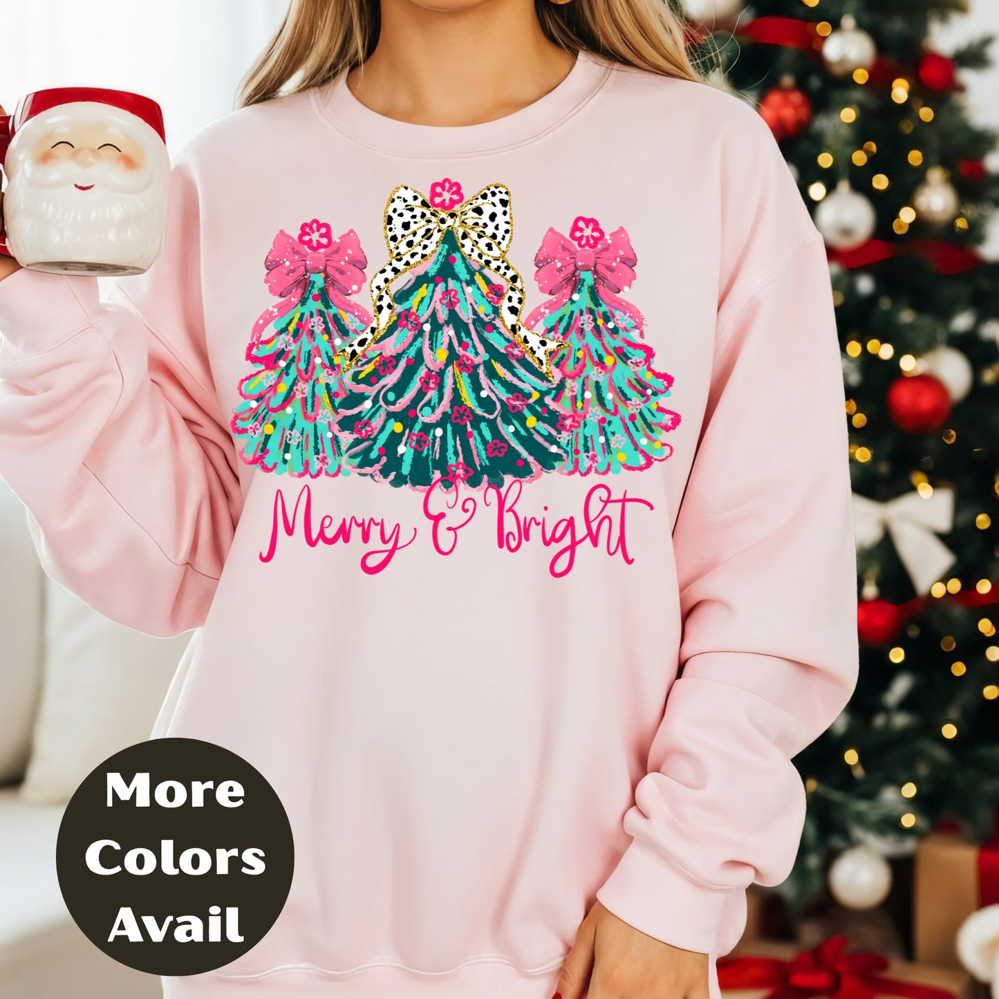 Merry & Bright Christmas Shirt or Sweatshirt – Pink Bow Christmas Trees Tee – Festive Holiday Top – S-4XL Plus Size – Multiple Colors