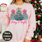 Merry & Bright Christmas Shirt or Sweatshirt – Pink Bow Christmas Trees Tee – Festive Holiday Top – S-4XL Plus Size – Multiple Colors