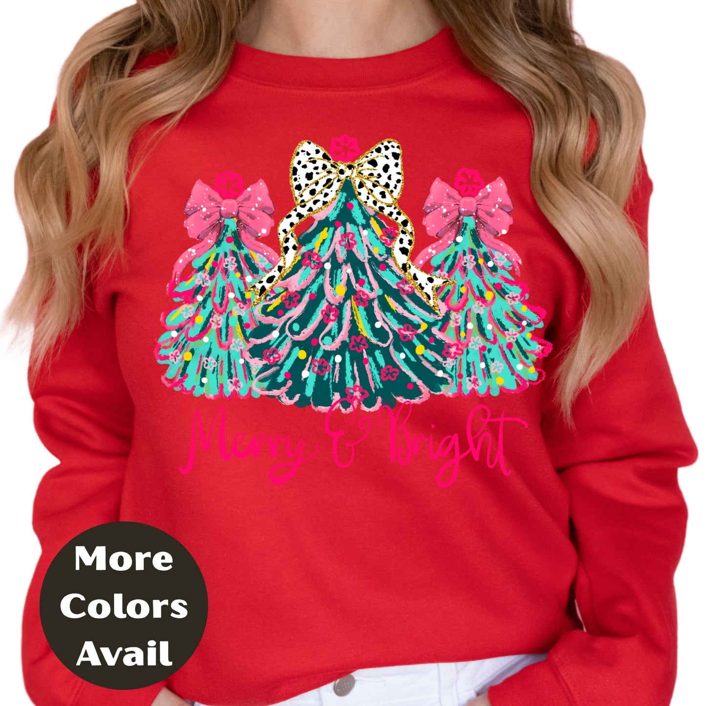 Merry & Bright Christmas Shirt or Sweatshirt – Pink Bow Christmas Trees Tee – Festive Holiday Top – S-4XL Plus Size – Multiple Colors
