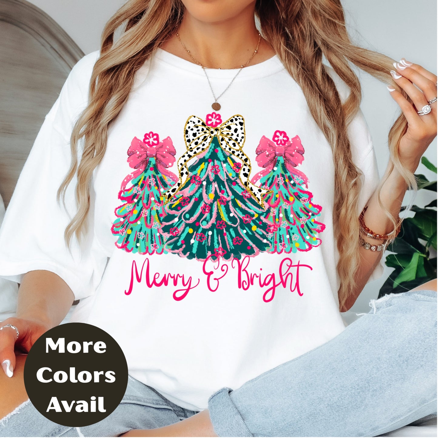 Merry & Bright Christmas Shirt or Sweatshirt – Pink Bow Christmas Trees Tee – Festive Holiday Top – S-4XL Plus Size – Multiple Colors