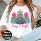 Merry & Bright Christmas Shirt or Sweatshirt – Pink Bow Christmas Trees Tee – Festive Holiday Top – S-4XL Plus Size – Multiple Colors