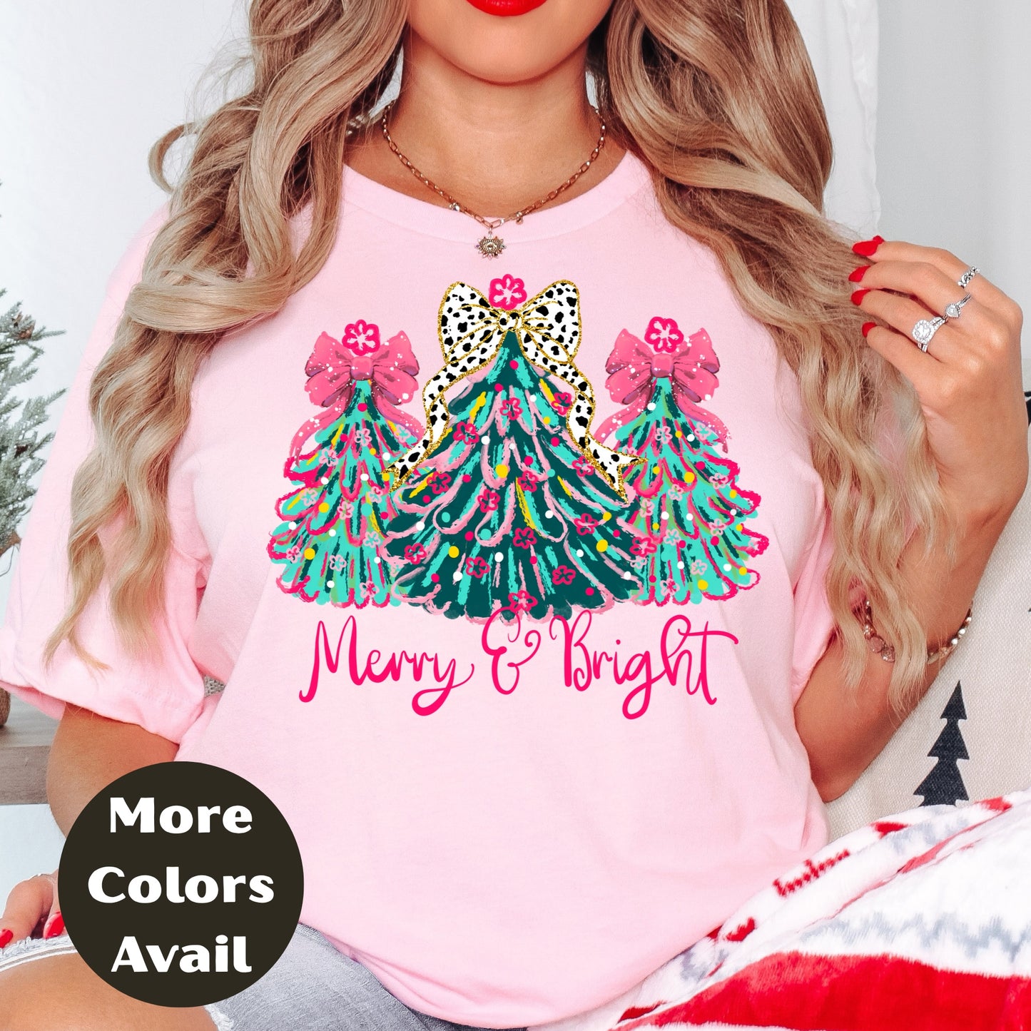 Merry & Bright Christmas Shirt or Sweatshirt – Pink Bow Christmas Trees Tee – Festive Holiday Top – S-4XL Plus Size – Multiple Colors