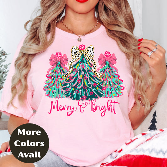 Merry & Bright Christmas Shirt or Sweatshirt – Pink Bow Christmas Trees Tee – Festive Holiday Top – S-4XL Plus Size – Multiple Colors