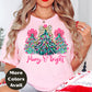 Merry & Bright Christmas Shirt or Sweatshirt – Pink Bow Christmas Trees Tee – Festive Holiday Top – S-4XL Plus Size – Multiple Colors