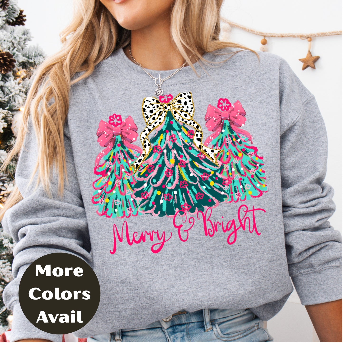 Merry & Bright Christmas Shirt or Sweatshirt – Pink Bow Christmas Trees Tee – Festive Holiday Top – S-4XL Plus Size – Multiple Colors