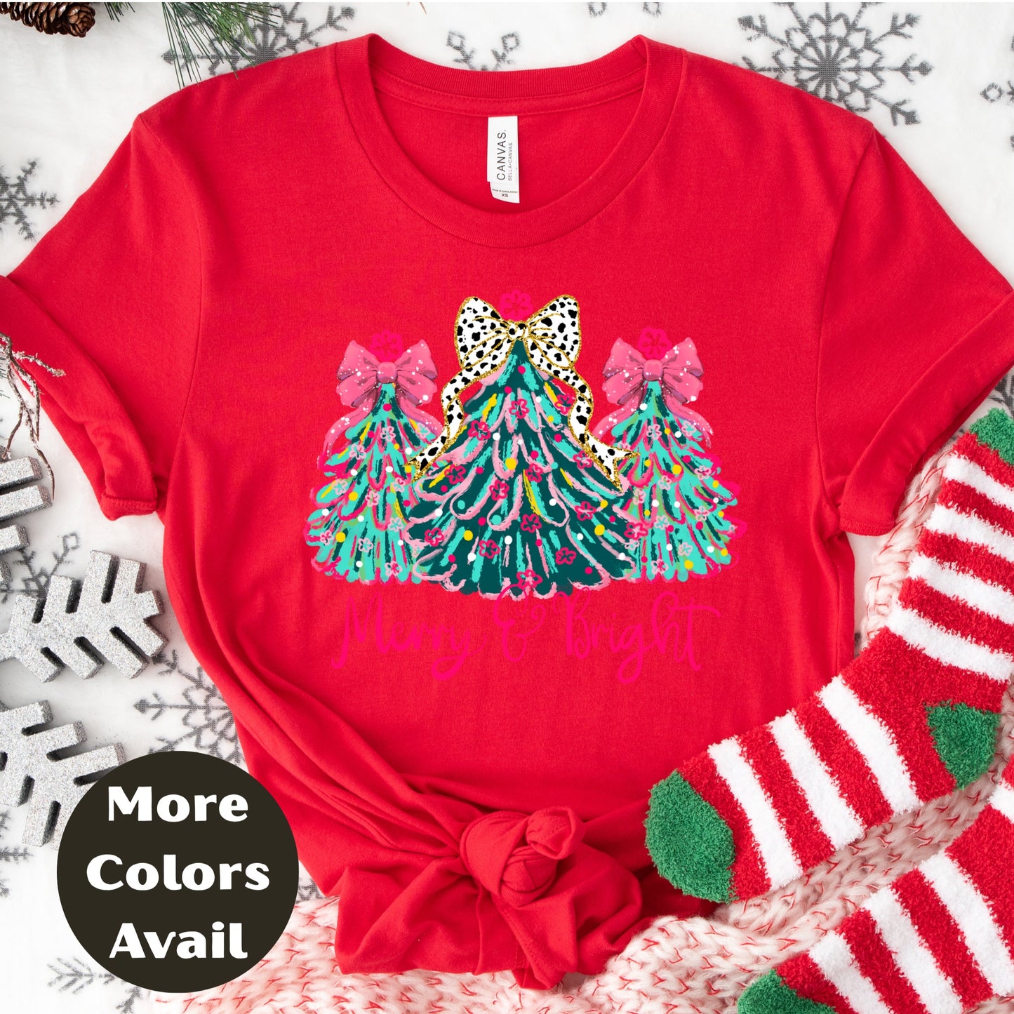 Merry & Bright Christmas Shirt or Sweatshirt – Pink Bow Christmas Trees Tee – Festive Holiday Top – S-4XL Plus Size – Multiple Colors