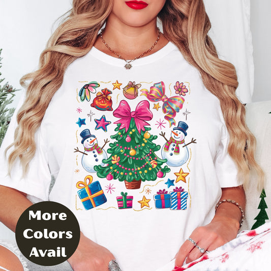 Preppy Christmas Tree Shirt or Sweatshirt – Colorful Bow Christmas Top – Small-4XL and Plus Size – Multiple Colors