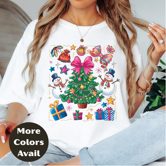 Preppy Christmas Tree Shirt or Sweatshirt – Colorful Bow Christmas Top – Small-4XL and Plus Size – Multiple Colors