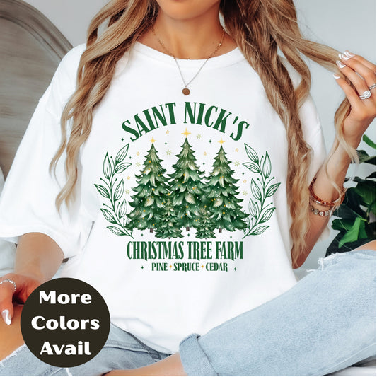 Saint Nick’s Christmas Tree Farm Shirt or Sweatshirt – Vintage Tree Farm Holiday Top – Small-4XL and Plus Size – Multiple Colors