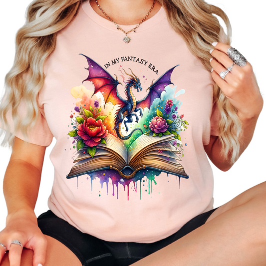 a woman wearing a pink shirt with a dragon on it