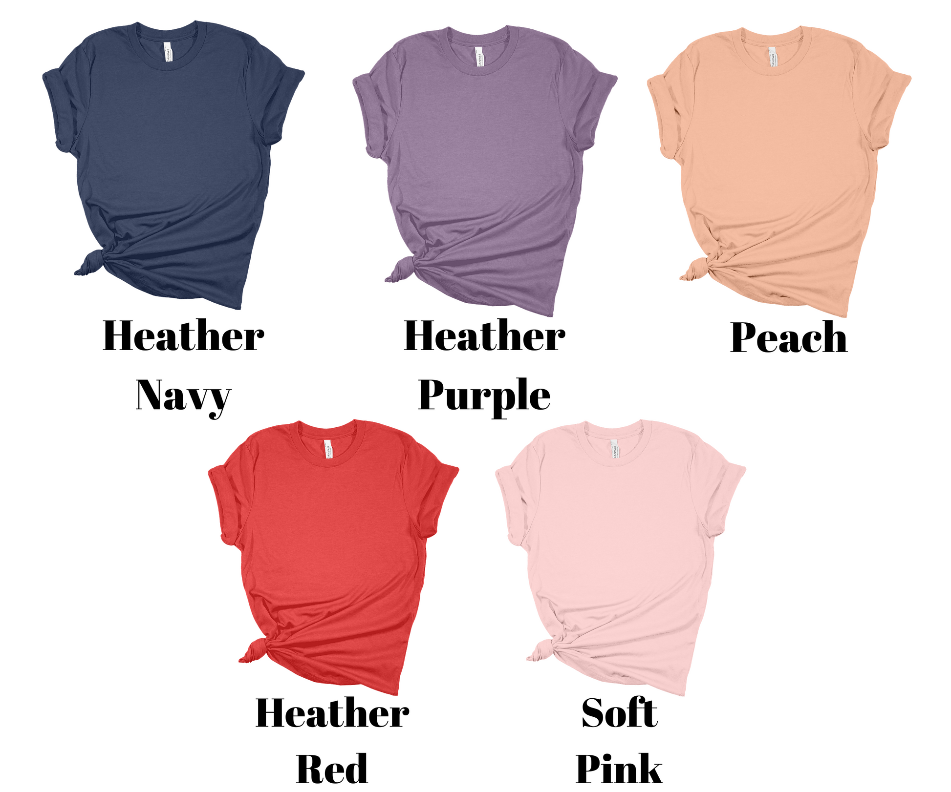 four different colors of t - shirts with the names of them