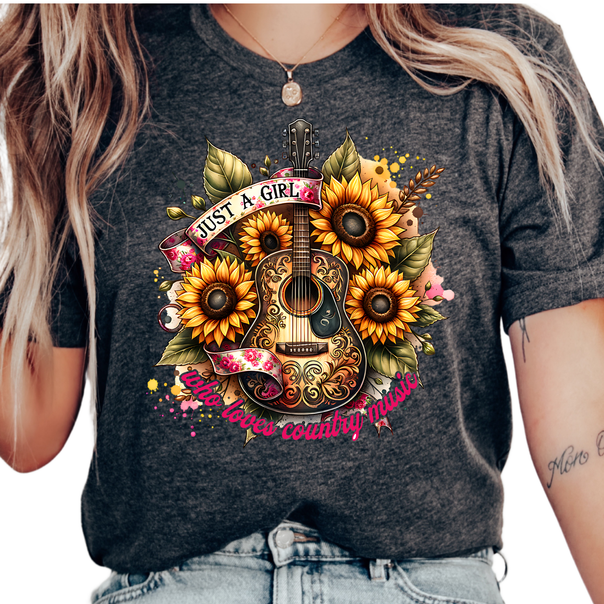 a woman wearing a t - shirt with a guitar and sunflowers on it